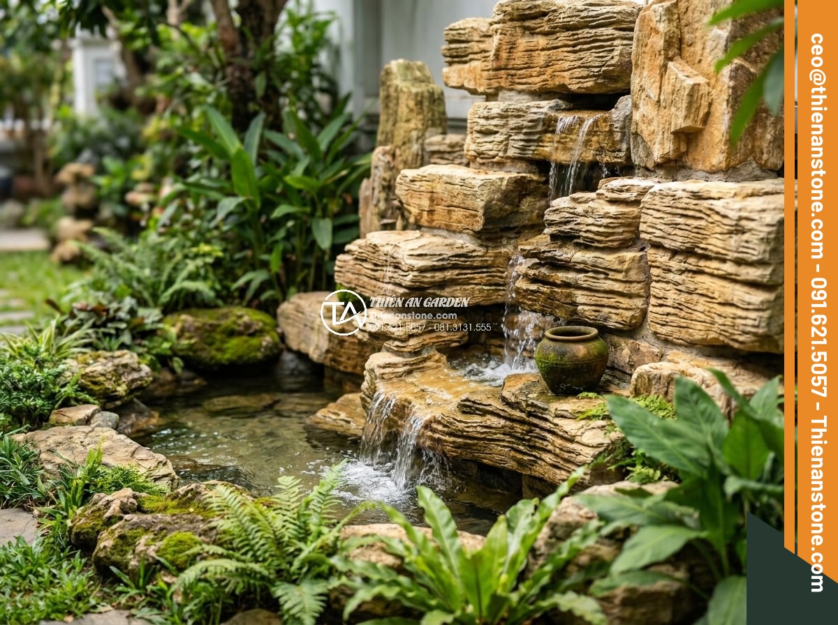 3 Sai lầm chết người khi tự thi công thác nước đá cổ thạch tại nhà - Hình 20 3 Sai lầm chết người khi tự thi công thác nước đá cổ thạch tại nhà - Long-term beautiful maintained natural stone waterfall in home garden after seve