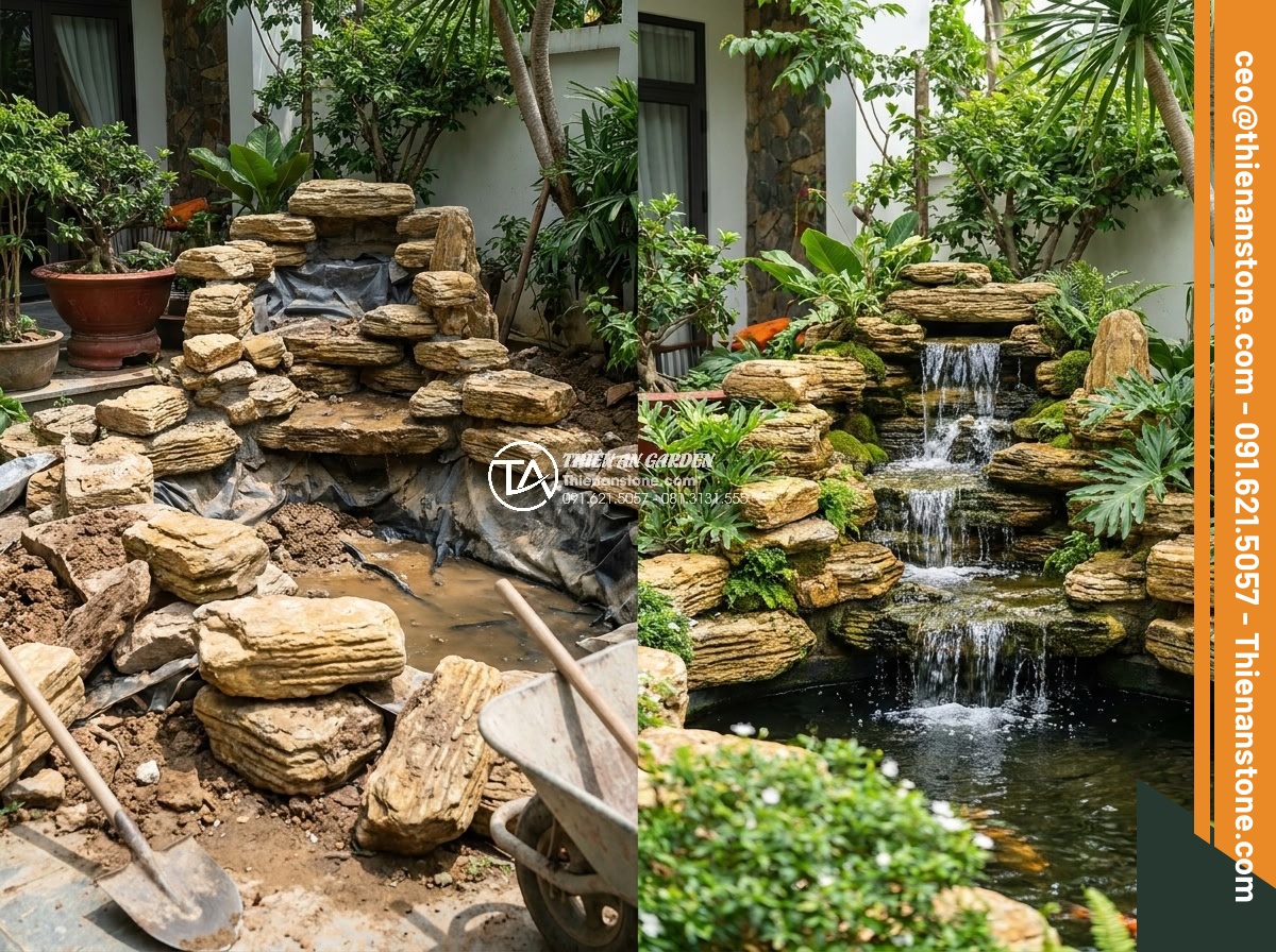 3 Sai lầm chết người khi tự thi công thác nước đá cổ thạch tại nhà - Hình 3 3 Sai lầm chết người khi tự thi công thác nước đá cổ thạch tại nhà - Before and after comparison photo showing amateur DIY ancient stone waterfall co