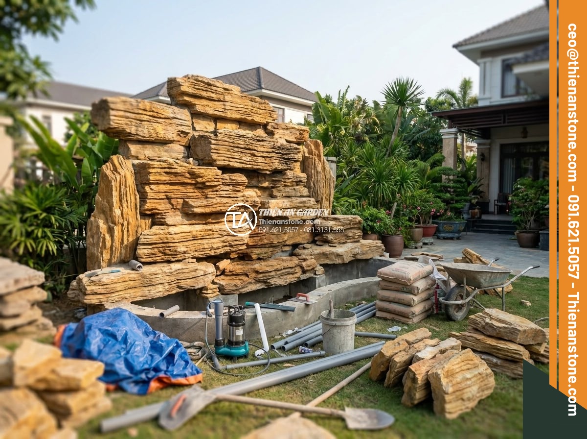 3 Sai lầm chết người khi tự thi công thác nước đá cổ thạch tại nhà - Hình 4 3 Sai lầm chết người khi tự thi công thác nước đá cổ thạch tại nhà - Wide angle shot of a spacious Vietnamese villa backyard with a partially complet