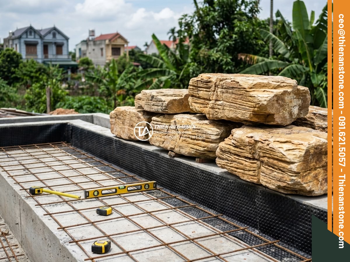 3 Sai lầm chết người khi tự thi công thác nước đá cổ thạch tại nhà - Hình 6 3 Sai lầm chết người khi tự thi công thác nước đá cổ thạch tại nhà - Technical diagram style photo of properly prepared concrete foundation for stone