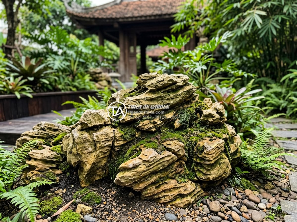 Báo giá đá cổ thạch 2026: Giá bán tại kho và chi phí vận chuyển - Close-up view of ancient weathered natural stone rocks with moss and natural cra
