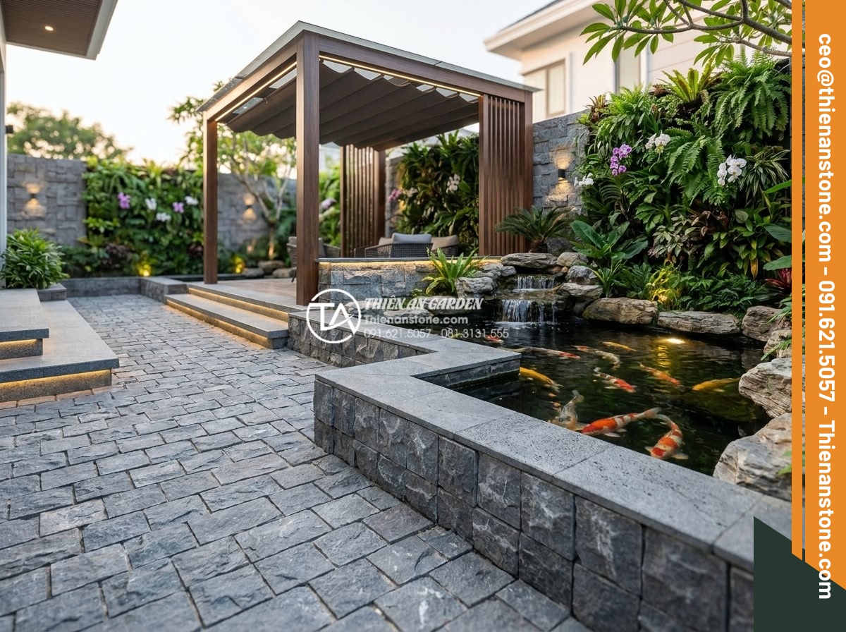 Báo giá đá cubic lát sân mới nhất 2026: Đơn giá theo m2 và chi phí thi công - Hình 13 Báo giá đá cubic lát sân mới nhất 2026: Đơn giá theo m2 và chi phí thi công - Stunning 2026 landscape design render of luxury villa garden featuring intricate