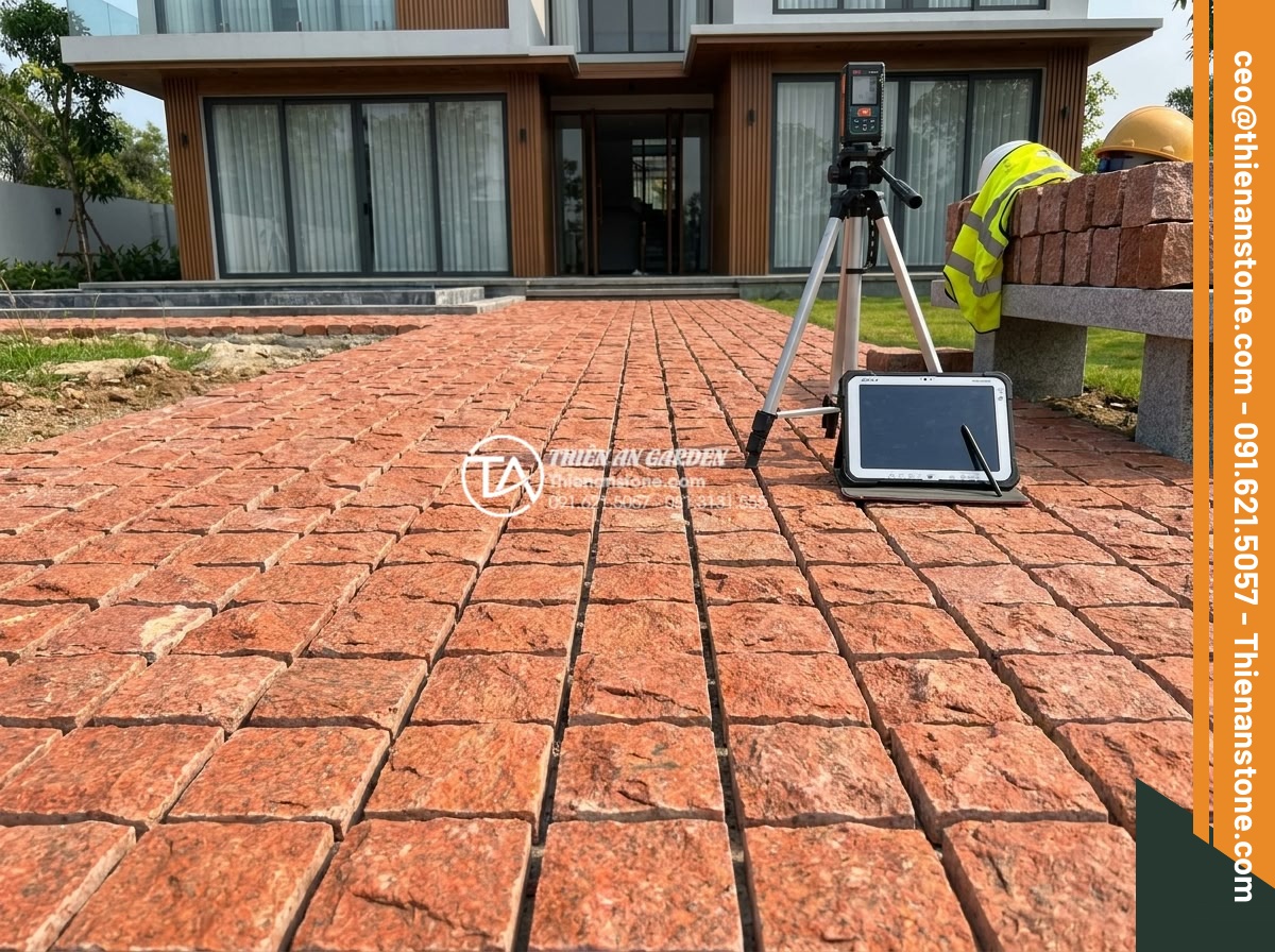 Báo giá đá cubic lát sân mới nhất 2026: Đơn giá theo m2 và chi phí thi công - Hình 6 Báo giá đá cubic lát sân mới nhất 2026: Đơn giá theo m2 và chi phí thi công - Realistic photograph of professional surveyor from Thien An Stone measuring gard