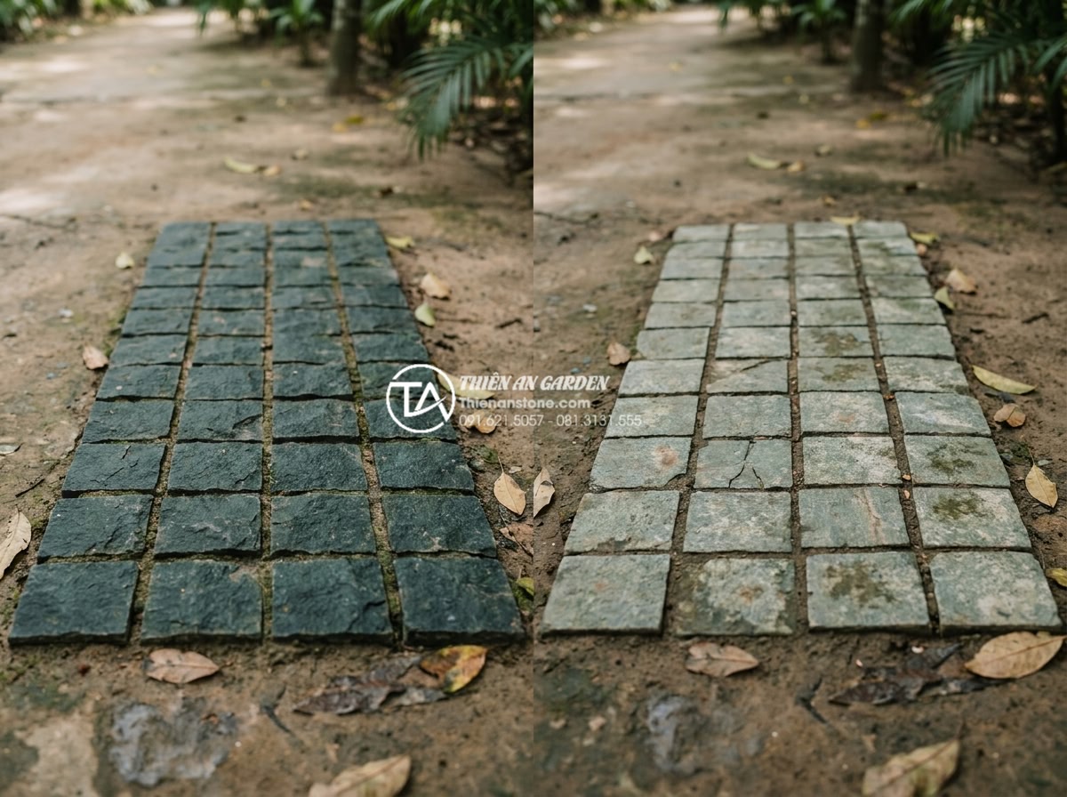 Báo giá đá cubic Thanh Hóa: Giải pháp tiết kiệm cho công trình công cộng - Side-by-side comparison image showing Thanh Hoa cubic stone pavers versus import