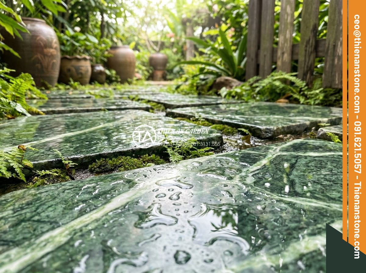 Bí quyết giữ màu sắc đá bước dạo luôn như mới sau nhiều năm - Protected stepping stones after sealant application showing enhanced color depth