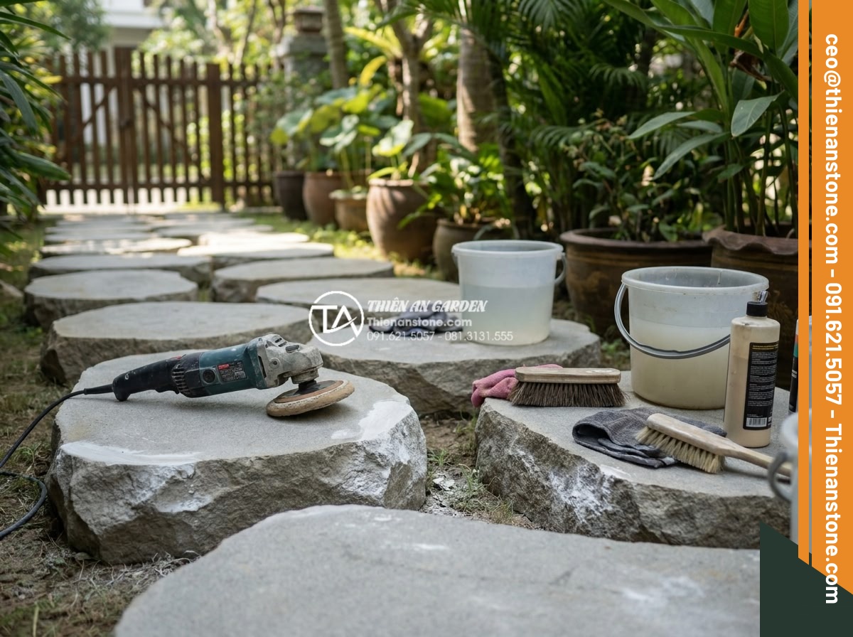Bí quyết giữ màu sắc đá bước dạo luôn như mới sau nhiều năm - Expert team from stone company maintaining and polishing stepping stones on-site