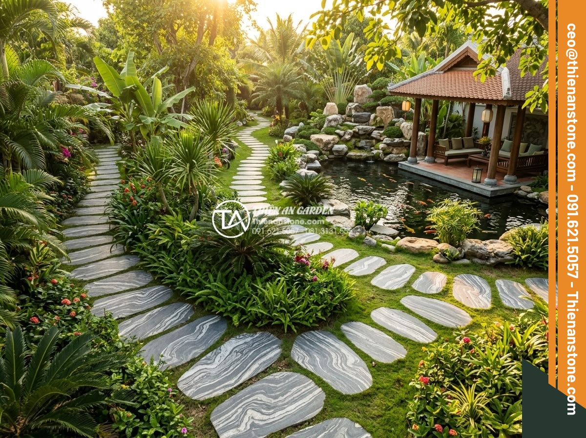 Cách bố trí đá dậm bước theo phong thủy giúp thu hút tài lộc - Hình 10 Cách bố trí đá dậm bước theo phong thủy giúp thu hút tài lộc - Wide angle professional photography of a large tropical resort garden with over