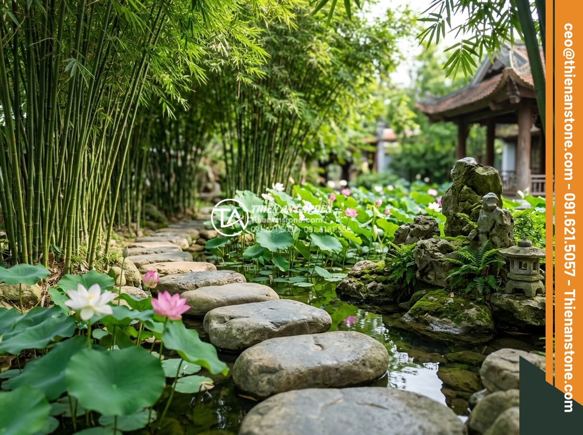 Cách bố trí đá dậm bước theo phong thủy giúp thu hút tài lộc - Hình 14 Cách bố trí đá dậm bước theo phong thủy giúp thu hút tài lộc - Daytime photo of stepping stone path perfectly integrated with mature bamboo gro