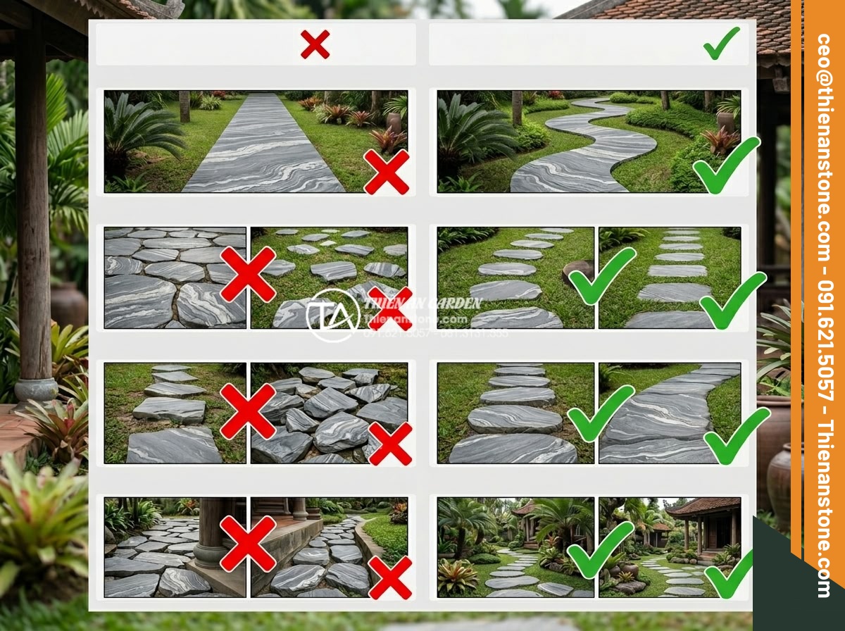 Cách bố trí đá dậm bước theo phong thủy giúp thu hút tài lộc - Hình 15 Cách bố trí đá dậm bước theo phong thủy giúp thu hút tài lộc - Educational infographic showing common Feng Shui stepping stone mistakes with re