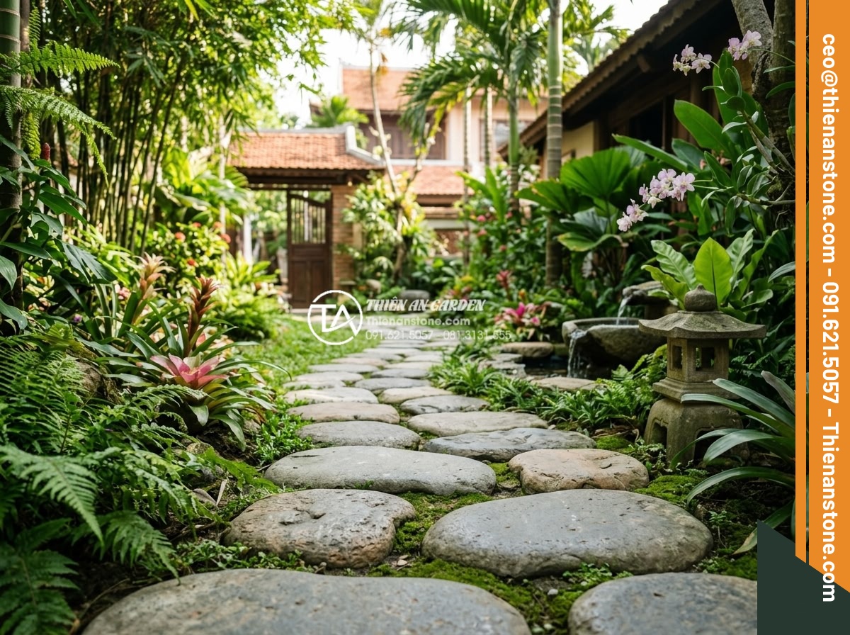 Cách bố trí đá dậm bước theo phong thủy giúp thu hút tài lộc - Hình 17 Cách bố trí đá dậm bước theo phong thủy giúp thu hút tài lộc - Happy Vietnamese family walking on beautiful stepping stone path in their Feng S