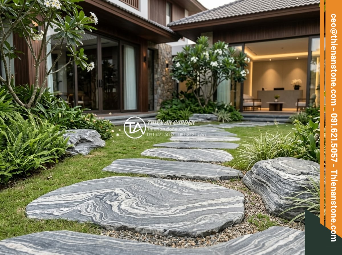 Cách bố trí đá dậm bước theo phong thủy giúp thu hút tài lộc - Hình 19 Cách bố trí đá dậm bước theo phong thủy giúp thu hút tài lộc - Professional team photo of Đá Cảnh Thiên An experts at a completed luxury villa