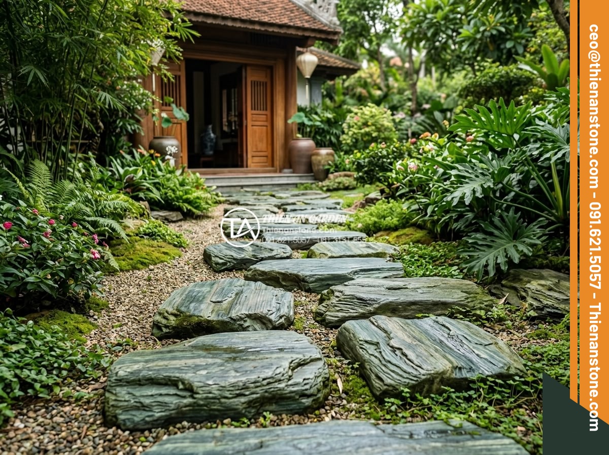 Cách bố trí đá dậm bước theo phong thủy giúp thu hút tài lộc - Hình 20 Cách bố trí đá dậm bước theo phong thủy giúp thu hút tài lộc - Final call-to-action visual: elegant stepping stone path leading to a welcoming