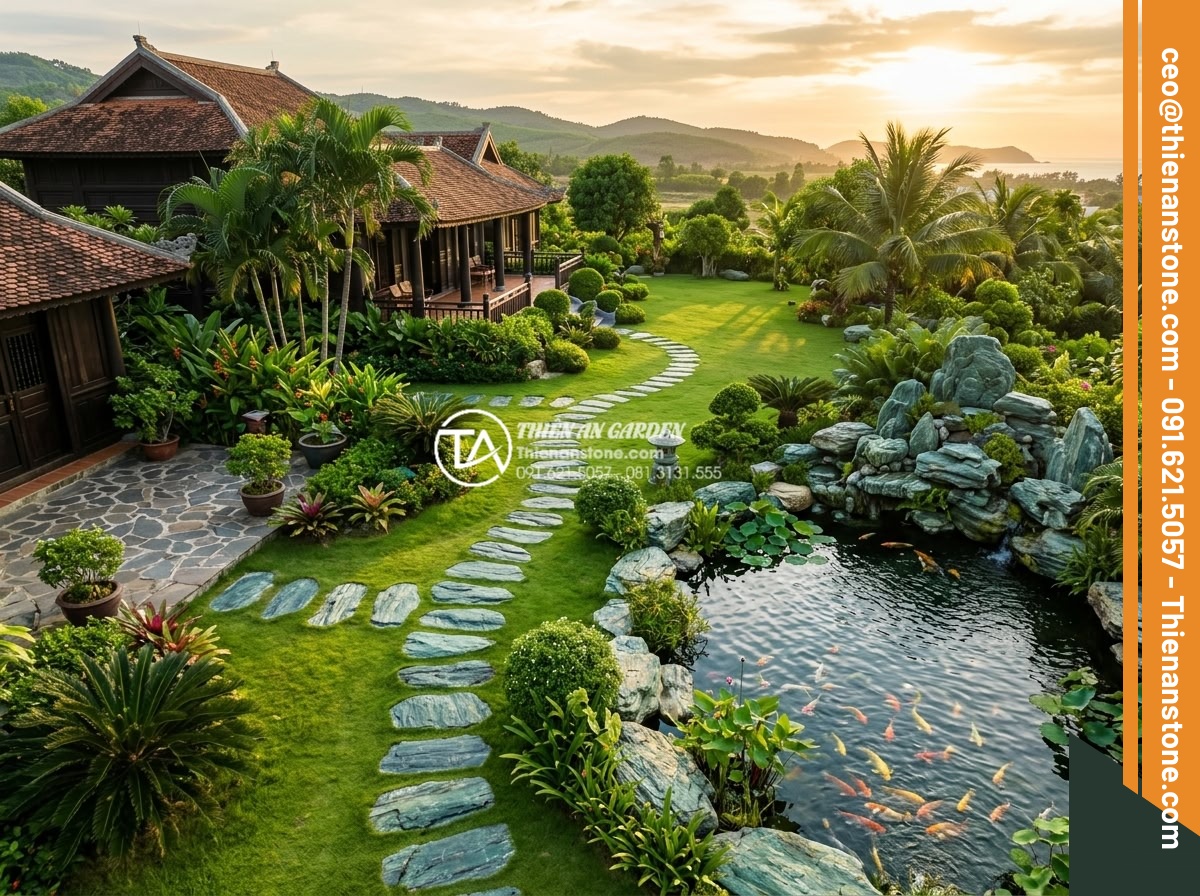 Cách bố trí đá dậm bước theo phong thủy giúp thu hút tài lộc - Hình 3 Cách bố trí đá dậm bước theo phong thủy giúp thu hút tài lộc - Aerial drone photography of a spacious luxury villa garden in central Vietnam de