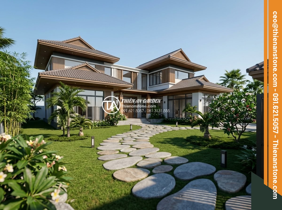 Cách bố trí đá dậm bước theo phong thủy giúp thu hút tài lộc - Hình 7 Cách bố trí đá dậm bước theo phong thủy giúp thu hút tài lộc - Professional architectural 3D rendering of a modern Vietnamese luxury villa with