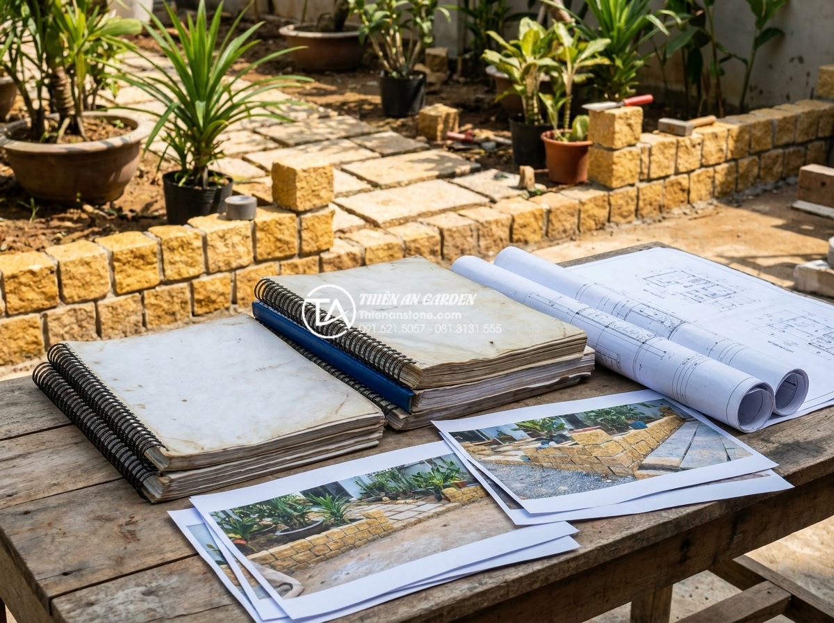 Cách lát đá cubic đúng kỹ thuật: Hướng dẫn chi tiết từng bước từ chuyên gia - Detailed project planning documents and site survey photos for cubic stone garde