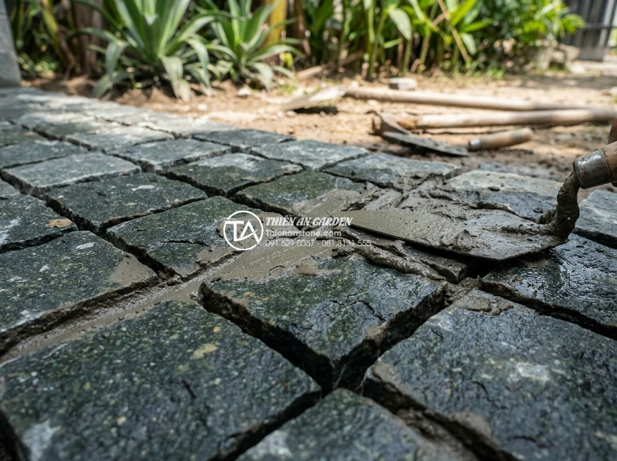 Cách lát đá cubic đúng kỹ thuật: Hướng dẫn chi tiết từng bước từ chuyên gia - Close-up of grout application and joint finishing technique on cubic stone pavem