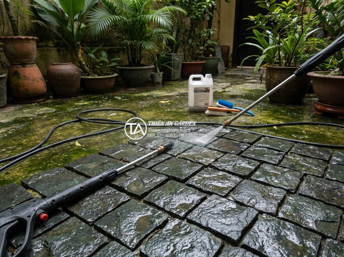 Cách lát đá cubic đúng kỹ thuật: Hướng dẫn chi tiết từng bước từ chuyên gia - Maintenance process showing cleaning of cubic stone paving with pressure washer 