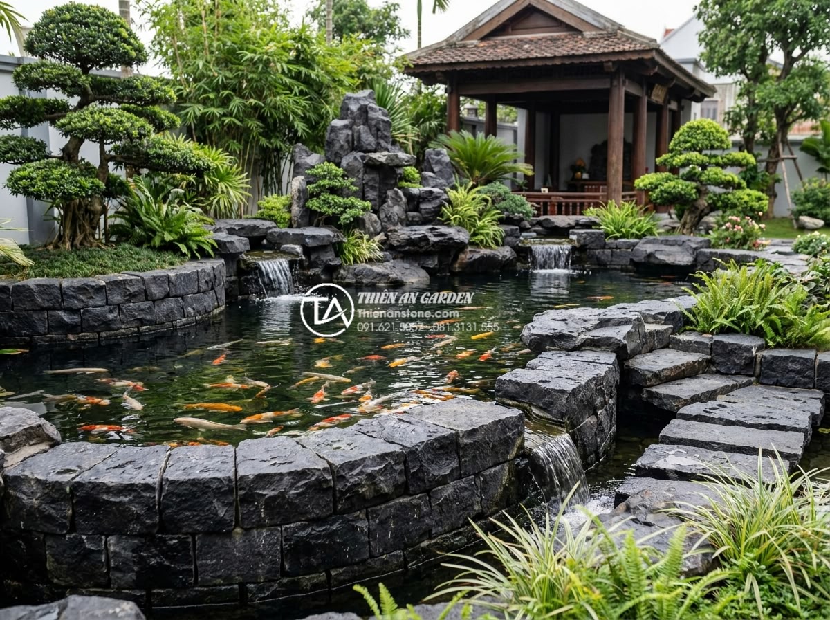 Cách lát đá cubic đúng kỹ thuật: Hướng dẫn chi tiết từng bước từ chuyên gia - Real world application of cubic stone in luxury koi pond and rockery garden desi