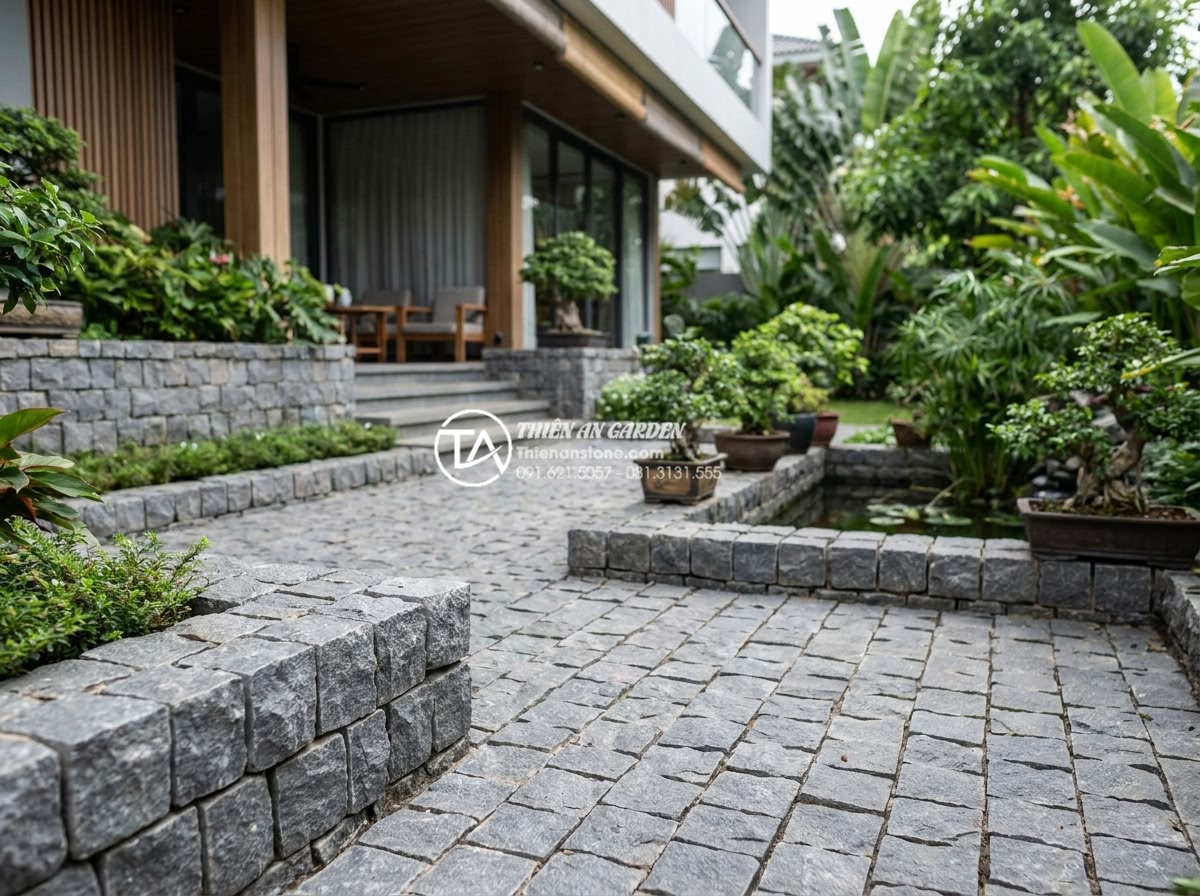 Cách lát đá cubic đúng kỹ thuật: Hướng dẫn chi tiết từng bước từ chuyên gia - Beautiful completed project showcasing cubic stone in full landscape integration