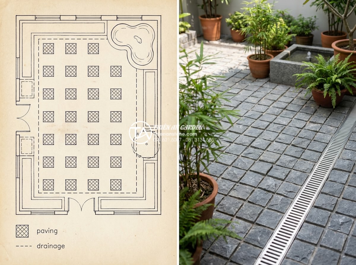 Cách lát đá cubic đúng kỹ thuật: Hướng dẫn chi tiết từng bước từ chuyên gia - Architectural blueprint and 3D rendering of garden design featuring cubic stone 