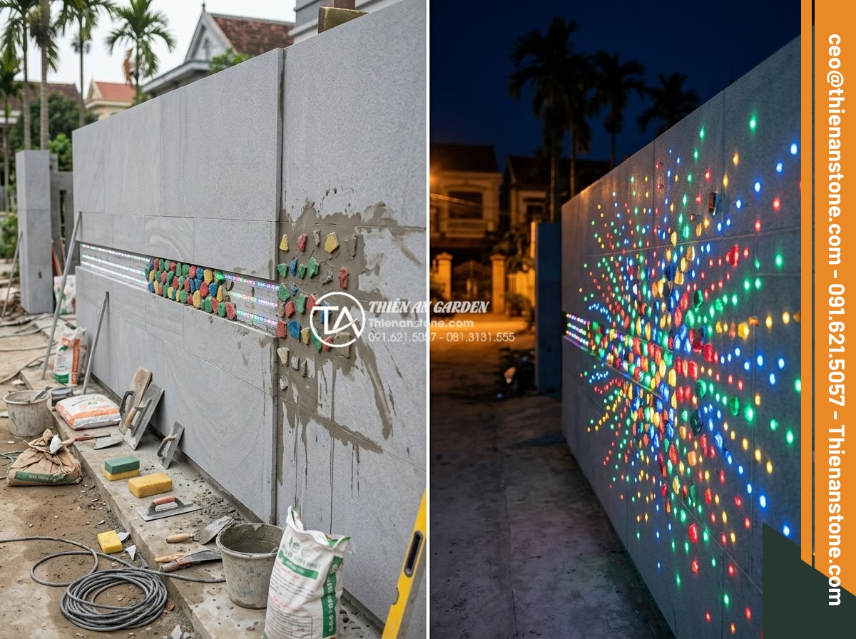 Cách phối hợp đá ghép 4 màu với đèn LED tạo hiệu ứng ánh sáng cực đỉnh - Installation process in action: workers carefully placing 4-color stone pieces o