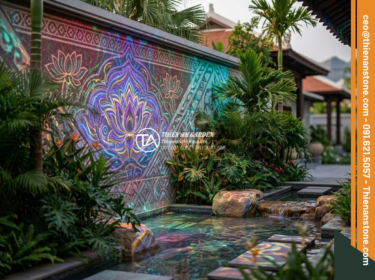 Cách phối hợp đá ghép 4 màu với đèn LED tạo hiệu ứng ánh sáng cực đỉnh - Real-world application: elegant resort entrance wall decorated with 4-color ston