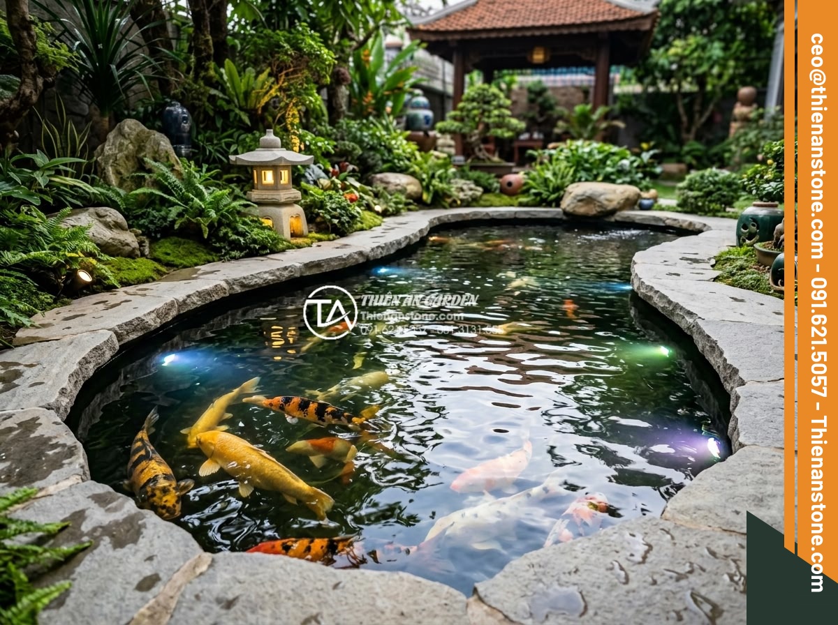 Cách phối hợp đá ghép 4 màu với đèn LED tạo hiệu ứng ánh sáng cực đỉnh - Tranquil garden scene with 4-color stone borders around a Koi pond illuminated b
