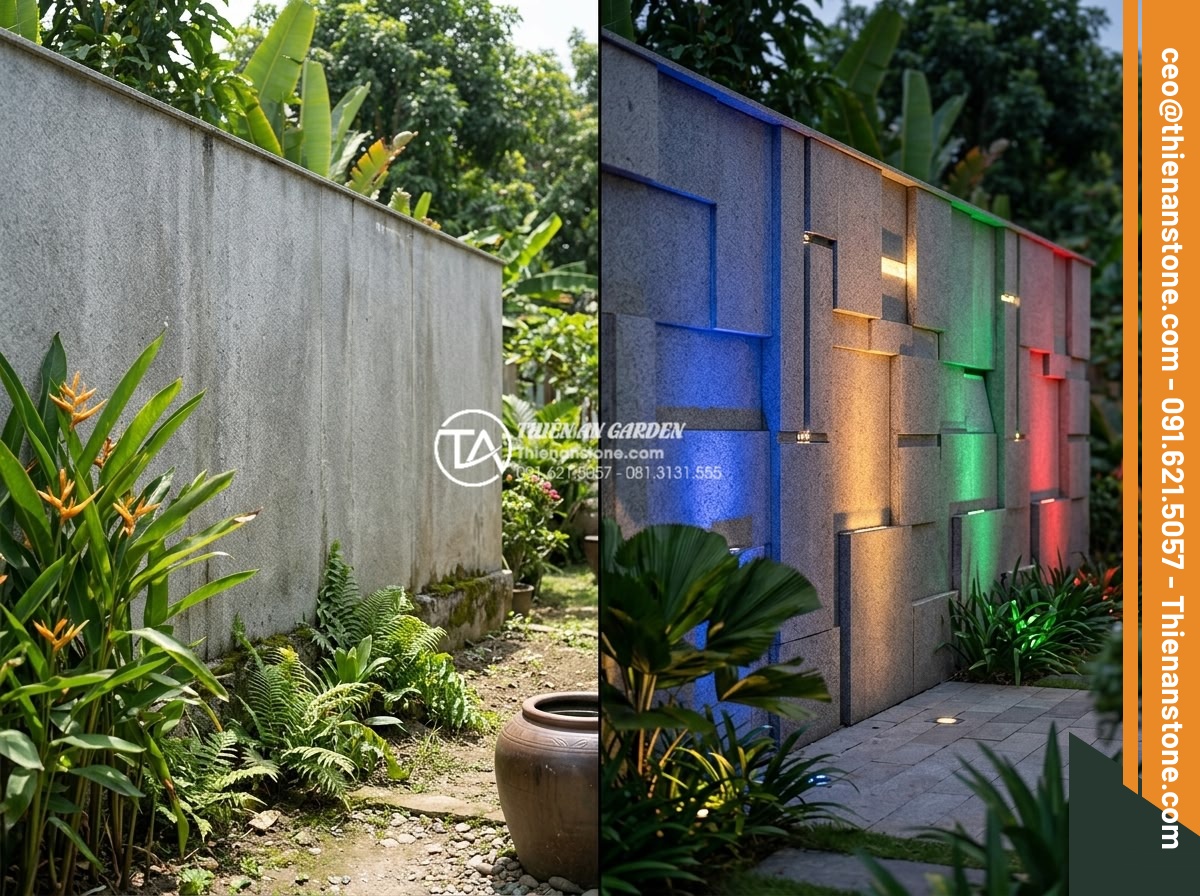 Cách phối hợp đá ghép 4 màu với đèn LED tạo hiệu ứng ánh sáng cực đỉnh - Before and after comparison of a plain garden wall transformed into a stunning 4