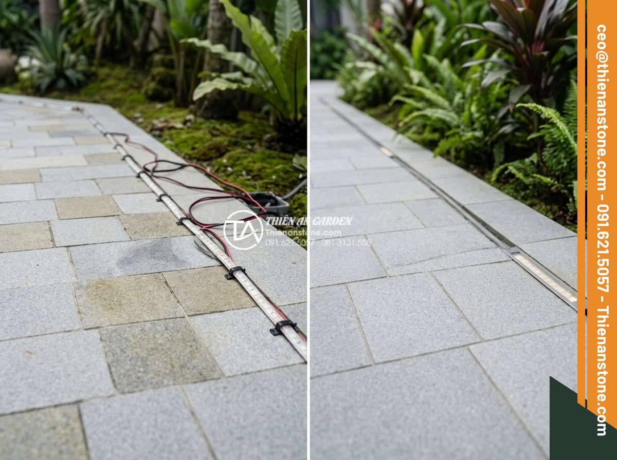 Cách phối hợp đá ghép 4 màu với đèn LED tạo hiệu ứng ánh sáng cực đỉnh - Common mistakes examples: uneven color distribution in stone mosaic and exposed 