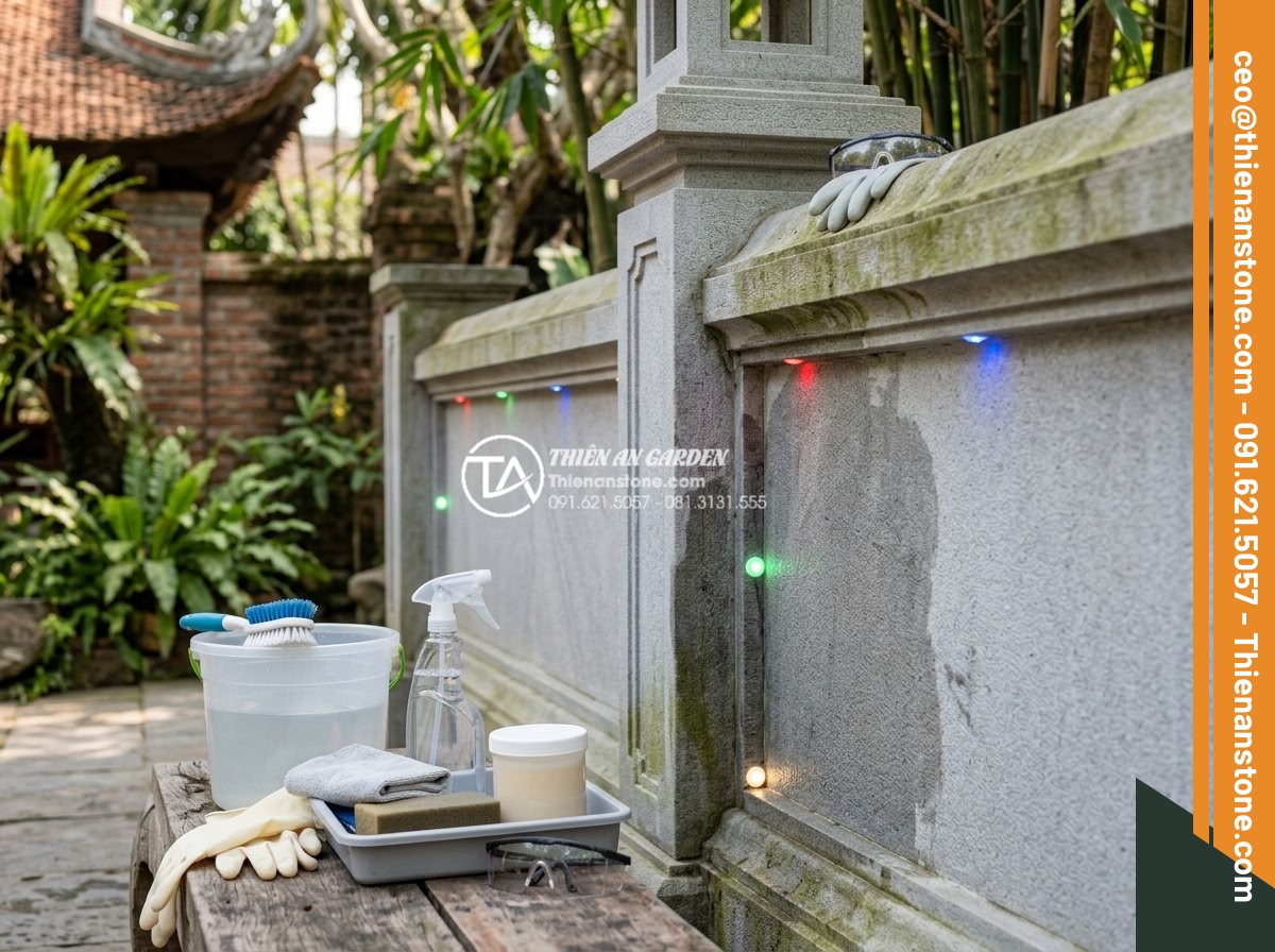 Cách phối hợp đá ghép 4 màu với đèn LED tạo hiệu ứng ánh sáng cực đỉnh - Maintenance guide photo: technician cleaning 4-color stone wall with LED lights,