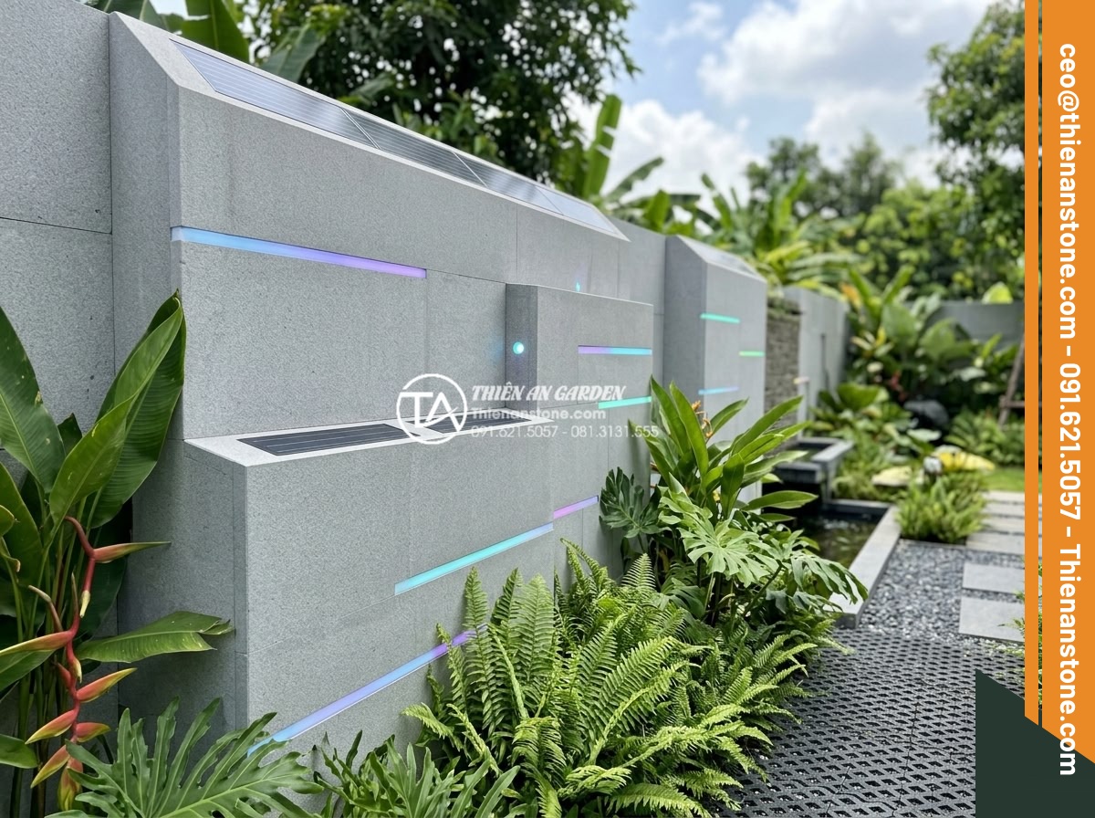 Cách phối hợp đá ghép 4 màu với đèn LED tạo hiệu ứng ánh sáng cực đỉnh - Futuristic 2026 trend visualization: smart 4-color stone wall with app-controlle