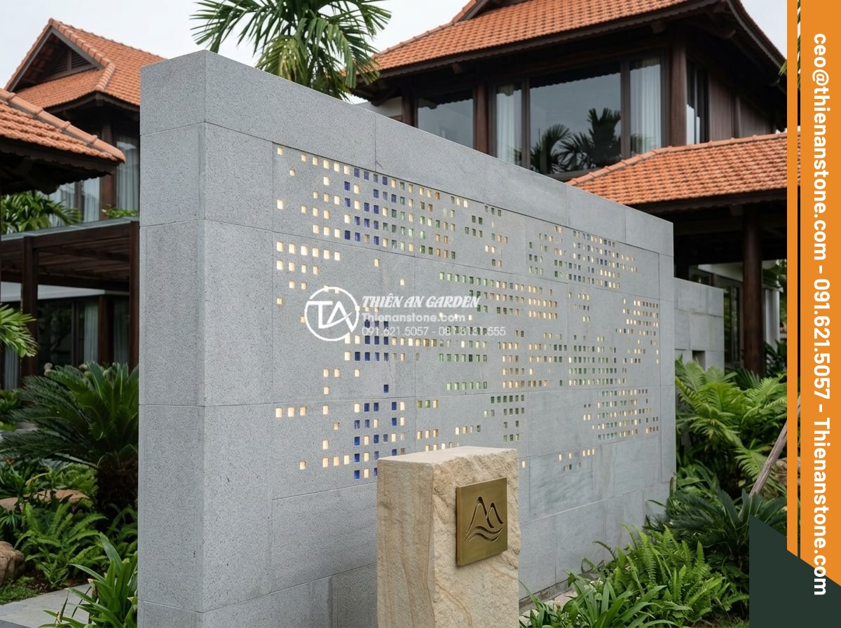 Cách phối hợp đá ghép 4 màu với đèn LED tạo hiệu ứng ánh sáng cực đỉnh - Professional team from Da Canh Thien An installing a completed 4-color stone LED