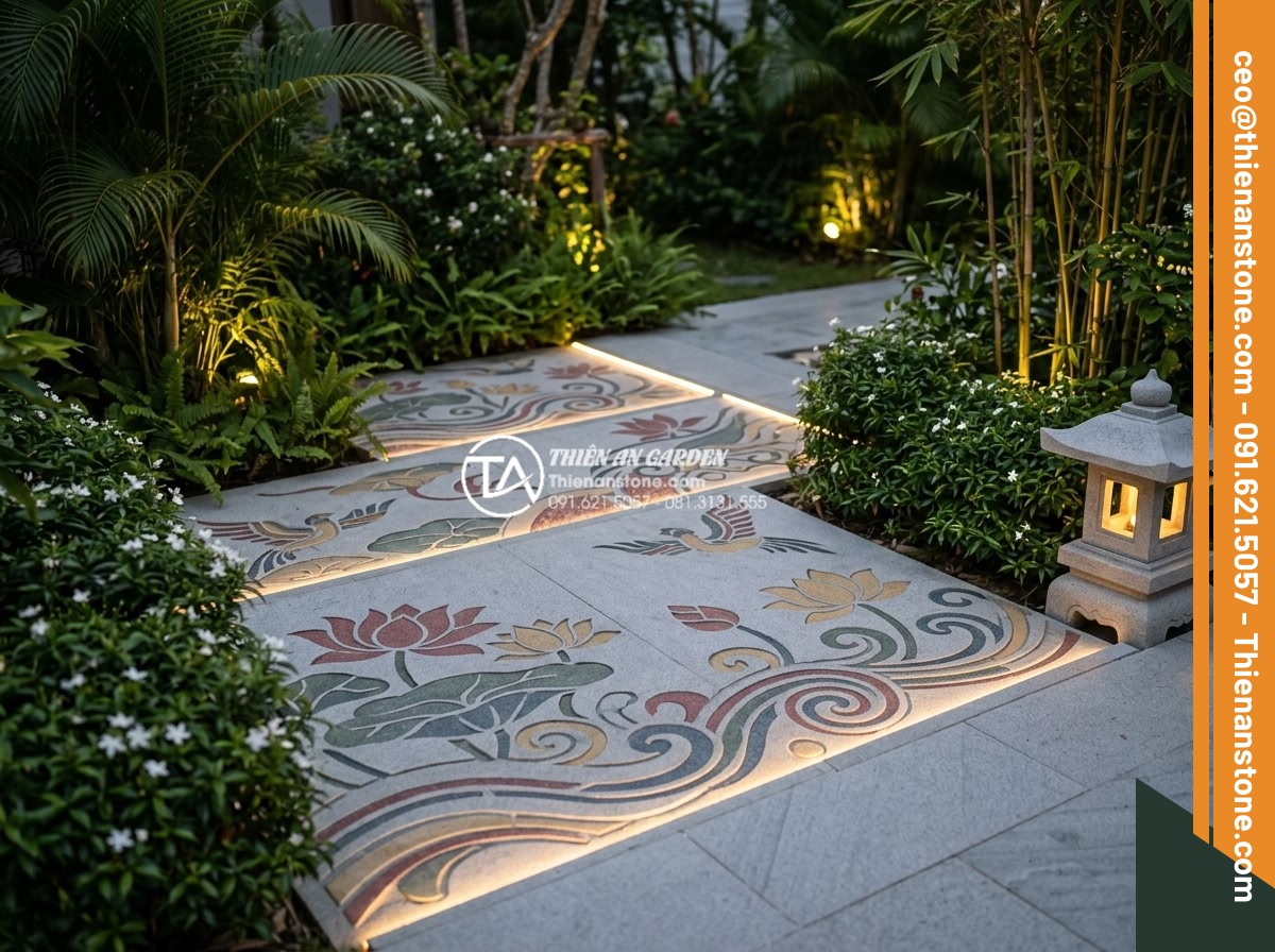 Cách phối hợp đá ghép 4 màu với đèn LED tạo hiệu ứng ánh sáng cực đỉnh - Happy client testimonial scene in a beautifully lit garden featuring 4-color sto