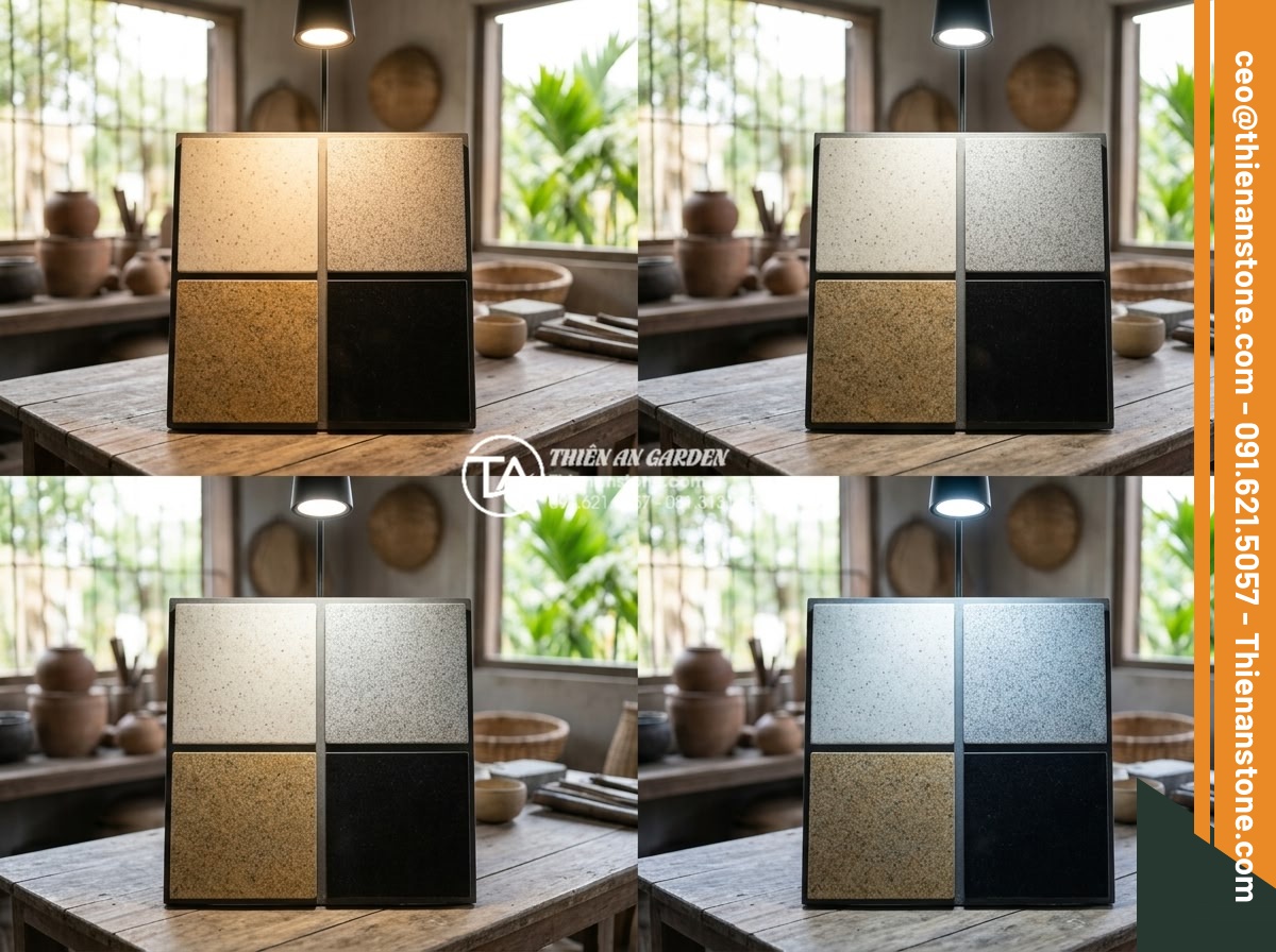 Cách phối hợp đá ghép 4 màu với đèn LED tạo hiệu ứng ánh sáng cực đỉnh - High-resolution image of 4-color stone palette samples arranged in a grid: cream