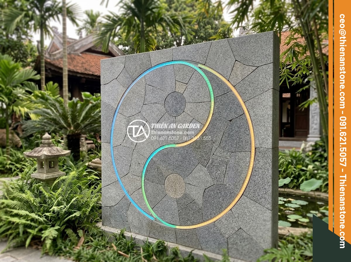 Cách phối hợp đá ghép 4 màu với đèn LED tạo hiệu ứng ánh sáng cực đỉnh - Artistic rendering of a stone mosaic wall in 4 colors with programmable LED ligh