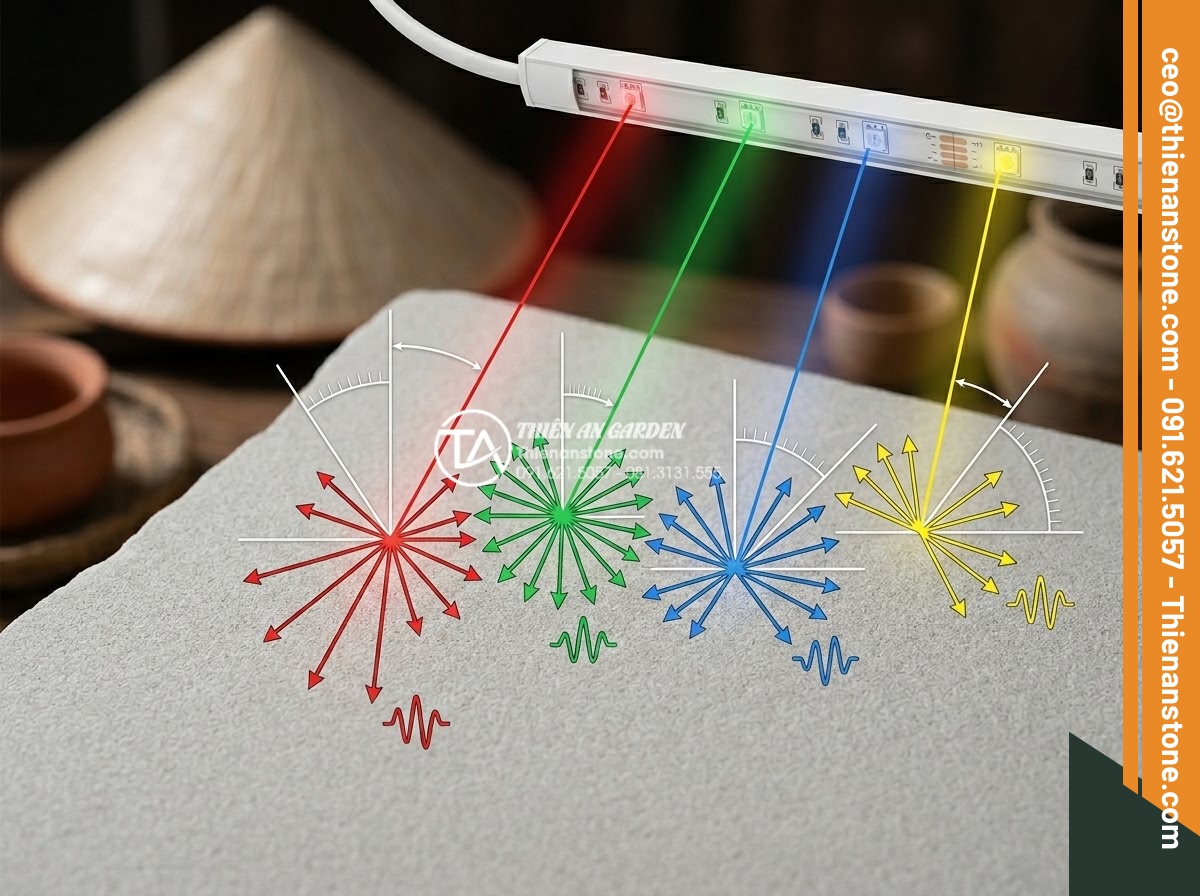 Cách phối hợp đá ghép 4 màu với đèn LED tạo hiệu ứng ánh sáng cực đỉnh - Scientific diagram illustration showing light rays from LED strips reflecting an