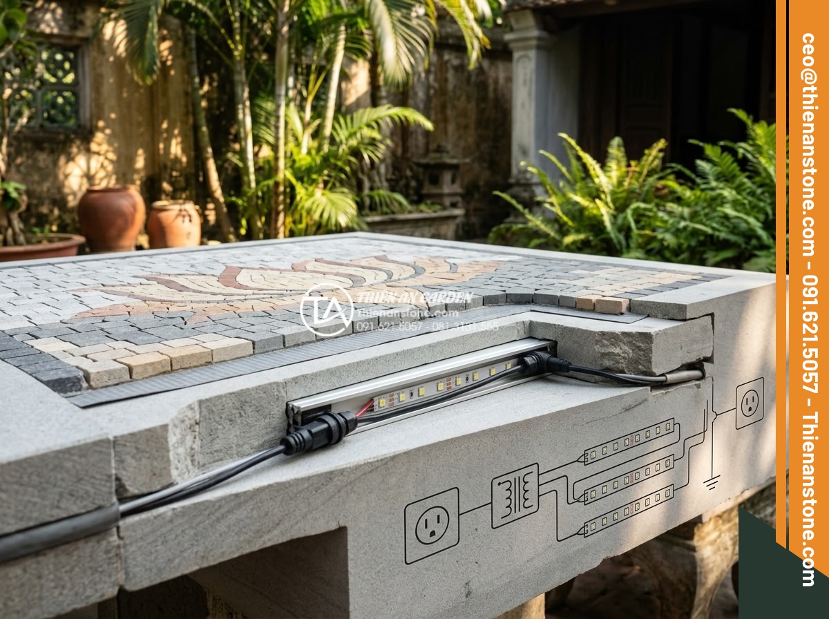 Cách phối hợp đá ghép 4 màu với đèn LED tạo hiệu ứng ánh sáng cực đỉnh - Cutaway view of LED integration technology in stone mosaic: showing waterproof L