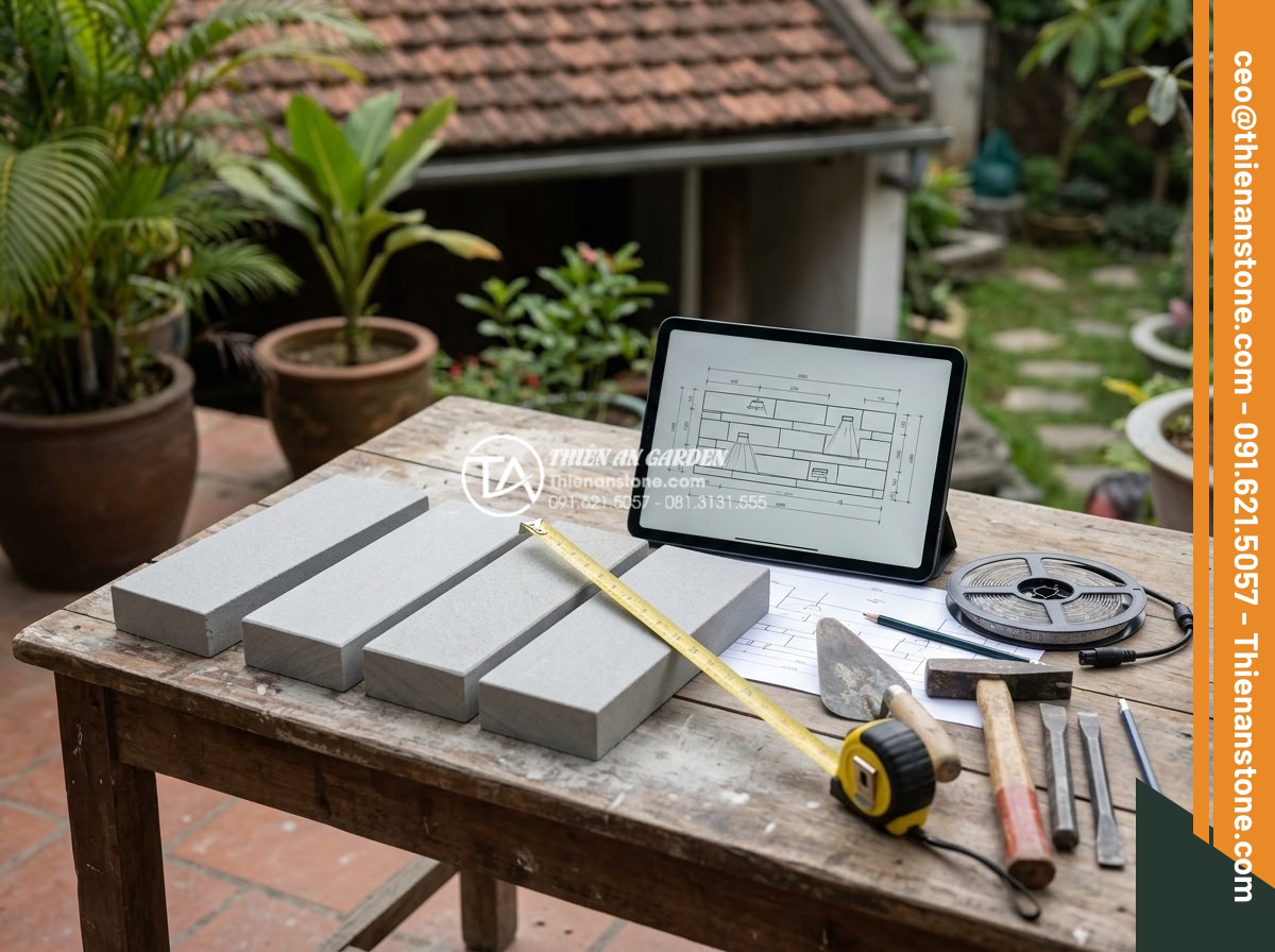 Cách phối hợp đá ghép 4 màu với đèn LED tạo hiệu ứng ánh sáng cực đỉnh - Step-by-step preparation phase photo: tools, 4-color stone samples, LED strips, 