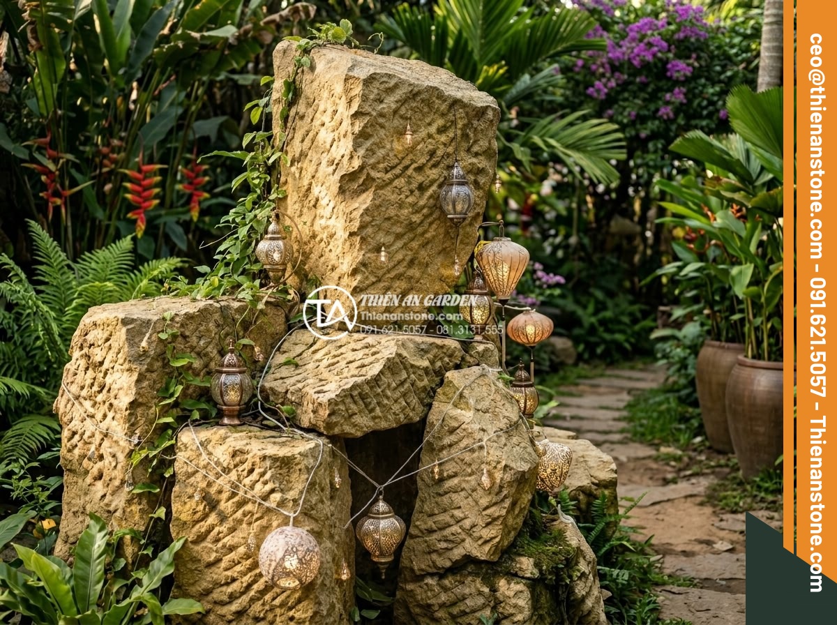Cách phối màu đá răng lược vàng với ánh sáng đèn trang trí sân vườn - Hình 10 Cách phối màu đá răng lược vàng với ánh sáng đèn trang trí sân vườn - String lights and specialized garden decorative fixtures draped elegantly over a