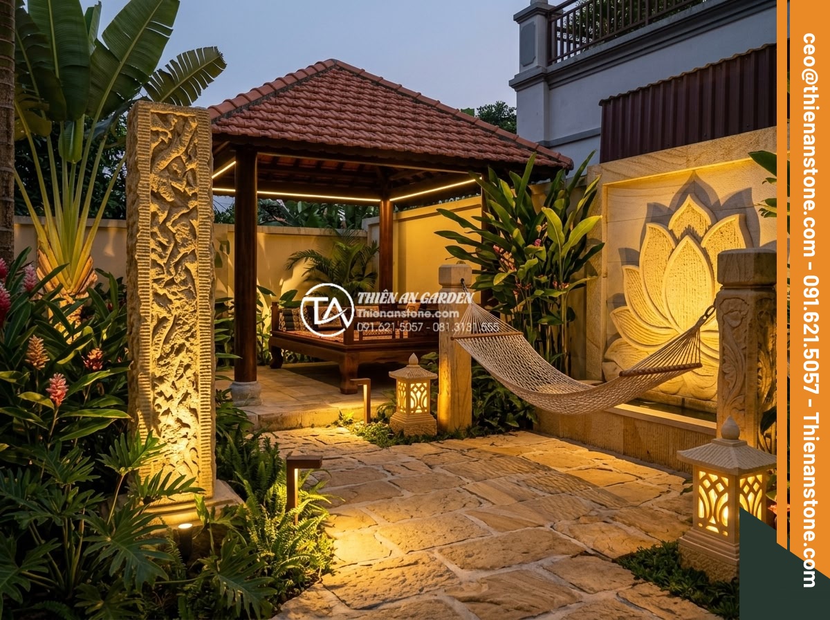Cách phối màu đá răng lược vàng với ánh sáng đèn trang trí sân vườn - Hình 12 Cách phối màu đá răng lược vàng với ánh sáng đèn trang trí sân vườn - Creative lighting setup for yellow comb tooth stone garden accents and relaxatio