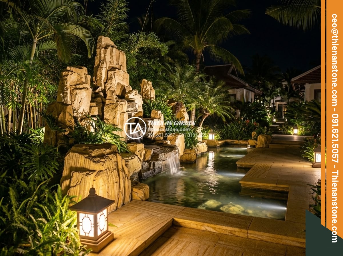 Cách phối màu đá răng lược vàng với ánh sáng đèn trang trí sân vườn - Hình 14 Cách phối màu đá răng lược vàng với ánh sáng đèn trang trí sân vườn - Resort-style garden featuring yellow comb tooth stone in rockery and water featu