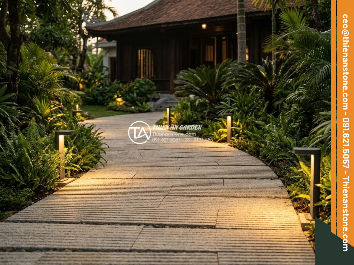 Cách phối màu đá răng lược vàng với ánh sáng đèn trang trí sân vườn - Hình 19 Cách phối màu đá răng lược vàng với ánh sáng đèn trang trí sân vườn - Real project case study photos of successful yellow comb tooth stone garden desi