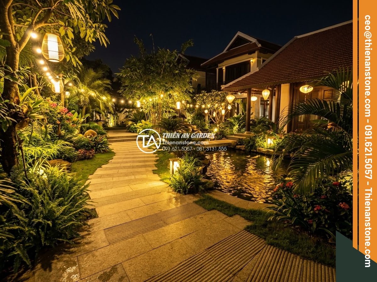 Cách phối màu đá răng lược vàng với ánh sáng đèn trang trí sân vườn - Hình 2 Cách phối màu đá răng lược vàng với ánh sáng đèn trang trí sân vườn - Wide angle shot of a luxurious villa garden featuring yellow comb tooth stone pa