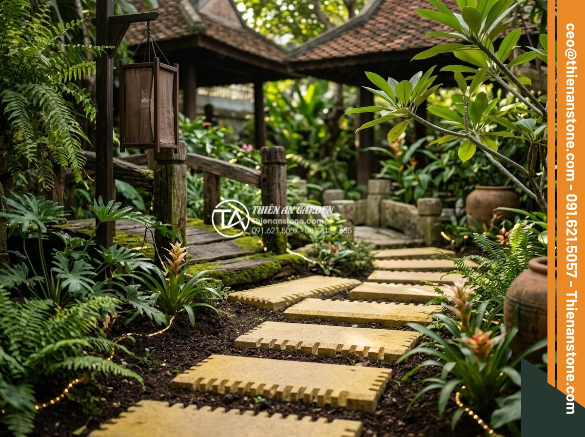 Cách phối màu đá răng lược vàng với ánh sáng đèn trang trí sân vườn - Hình 4 Cách phối màu đá răng lược vàng với ánh sáng đèn trang trí sân vườn - Comparison view of yellow comb tooth stone integrated into garden landscaping wi