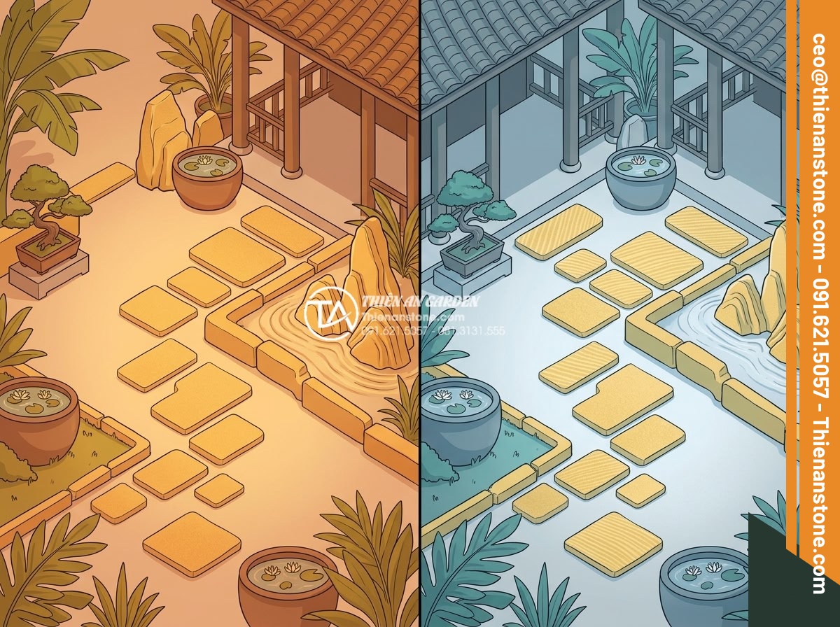 Cách phối màu đá răng lược vàng với ánh sáng đèn trang trí sân vườn - Hình 7 Cách phối màu đá răng lược vàng với ánh sáng đèn trang trí sân vườn - Diagram-style illustration of color harmony principles showing golden yellow com