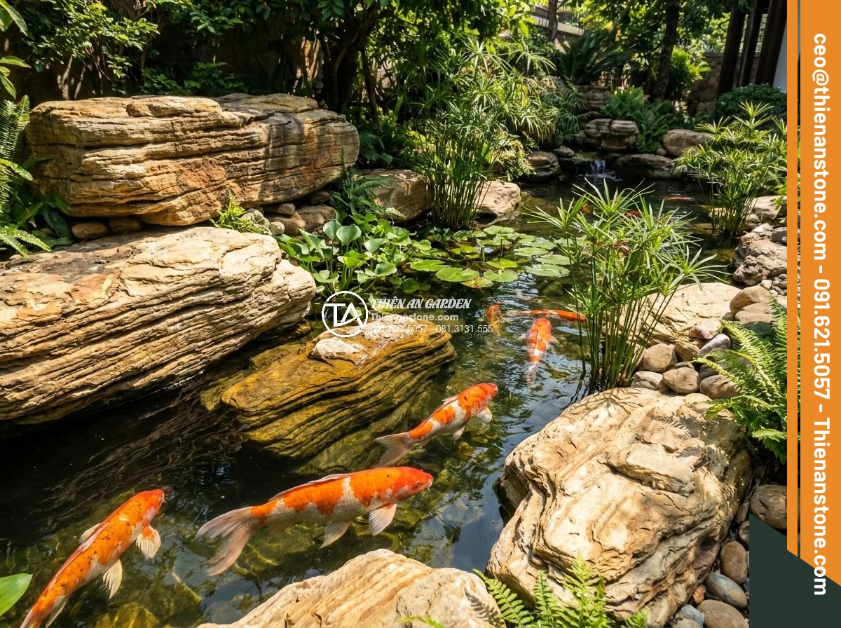 Cách tính khối lượng đá cổ thạch cần thiết cho một hồ cá Koi tiêu chuẩn - A realistic high-resolution photograph of a luxurious standard Koi pond in a Vie