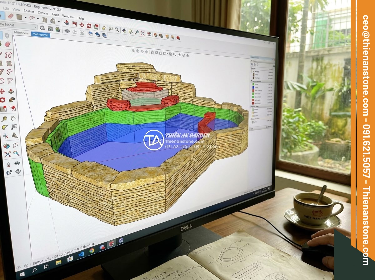 Cách tính khối lượng đá cổ thạch cần thiết cho một hồ cá Koi tiêu chuẩn - Advanced 3D modeling screenshot of Koi pond stone layout calculations, with colo