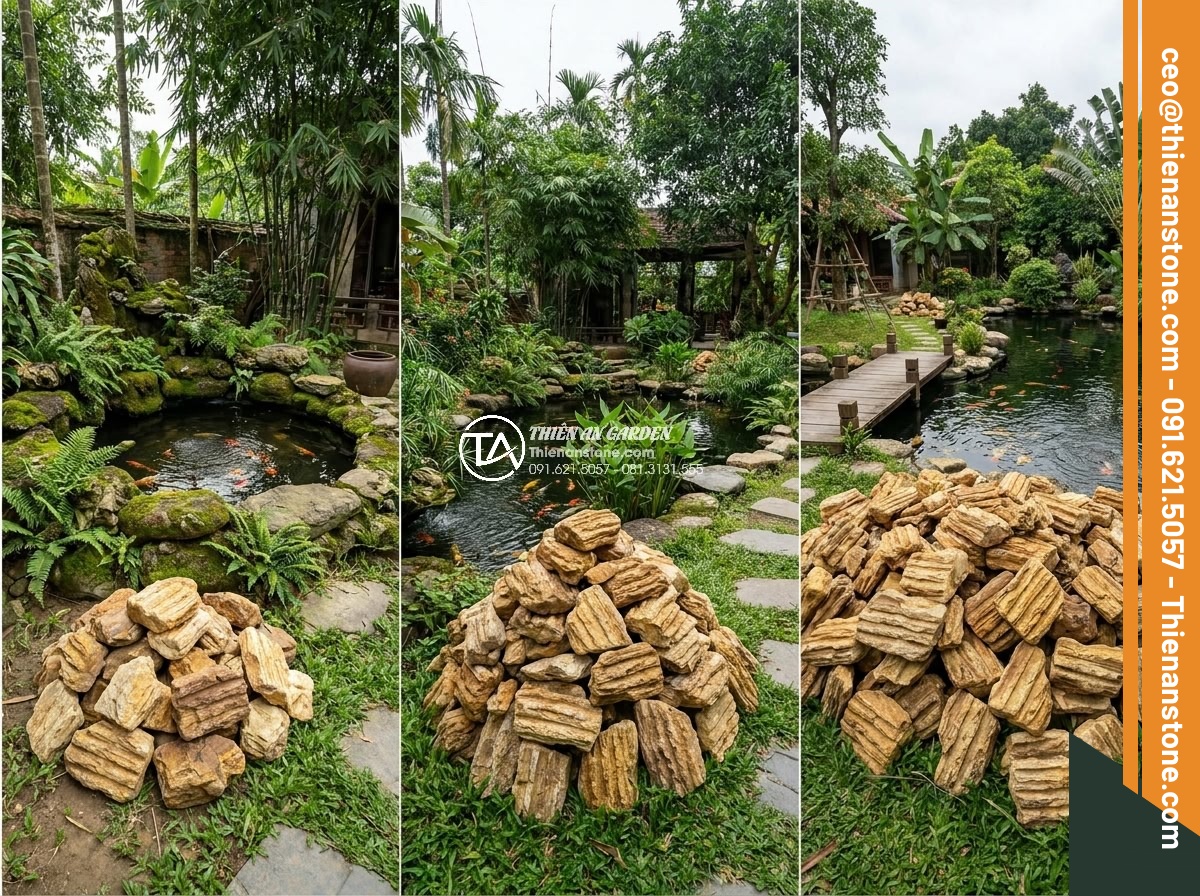 Cách tính khối lượng đá cổ thạch cần thiết cho một hồ cá Koi tiêu chuẩn - Comparative chart and real photos side-by-side showing stone volume requirements