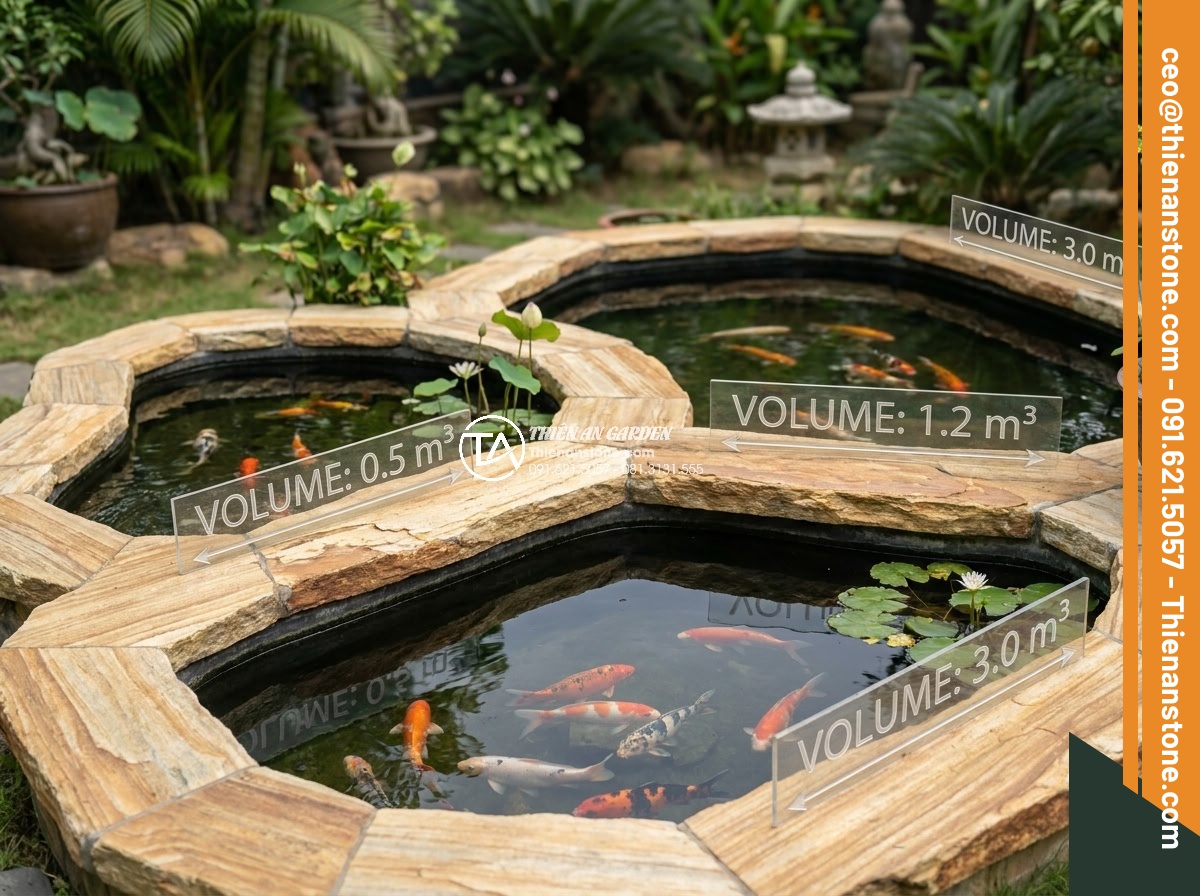 Cách tính khối lượng đá cổ thạch cần thiết cho một hồ cá Koi tiêu chuẩn - Multiple example ponds of varying sizes with overlaid stone quantity labels, rea