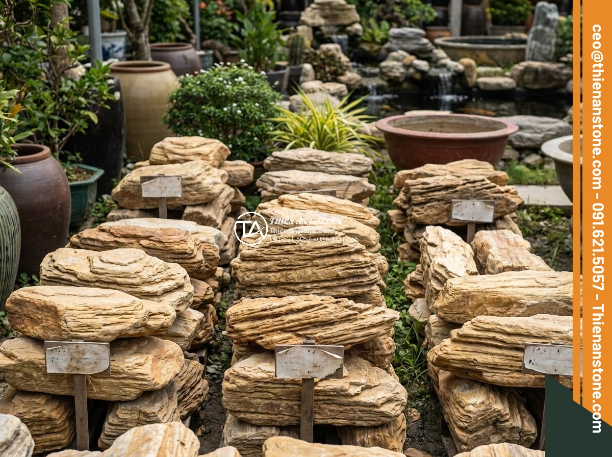 Cách tính khối lượng đá cổ thạch cần thiết cho một hồ cá Koi tiêu chuẩn - Variety of ancient stone types displayed for Koi pond use: different colors, siz